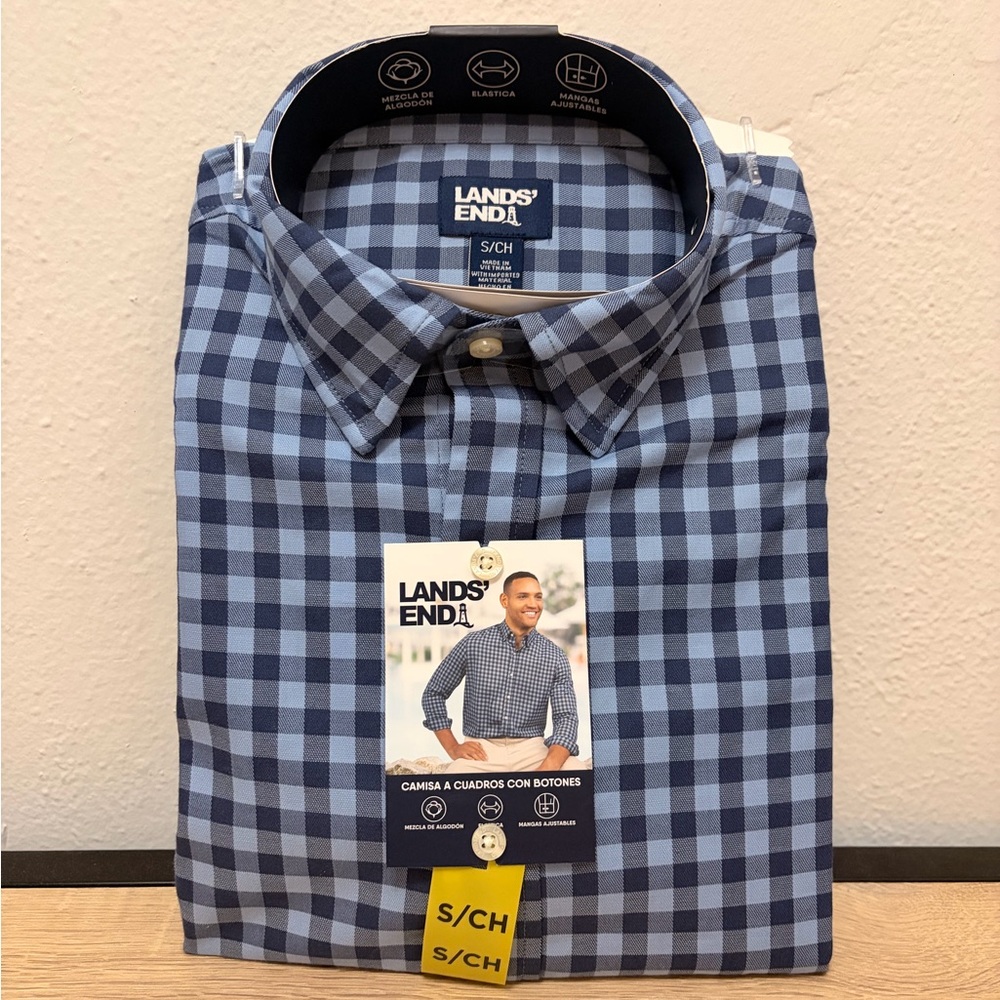 Lands' End Men's Cotton Blue Checkered Shirt